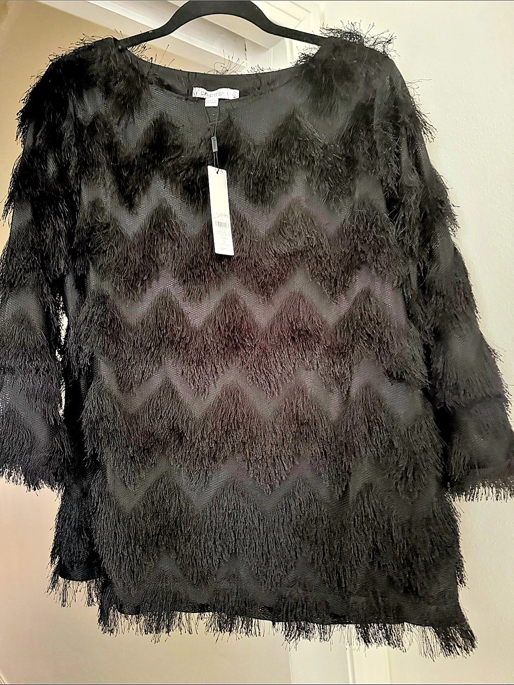 Chico's Chevron Fringe Party Top Black Blouse Size 2